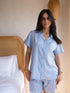 Women Summer Pajama Set Light Blue Buttoned Shirt + Shorts